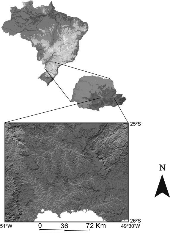 imagens de satélite Landsat 7 (MIRANDA, 2005), imagens SRTM-Shuttle Radar Topography Mission (UNIVERSITY OF MARYLAND/NASA, 2004), mapa geológico (MINEROPAR, 2001), e carta topográfica na escala 1:250.