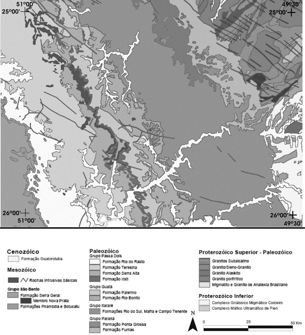 Figura 5: Geologia da Quadrícula de Ponta Grossa Base geológica utilizada na identificação dos compartimentos geomorfológicos da QPG. Fonte: Adaptação do Mapa Geológico do Paraná (MINEROPAR, 2001).