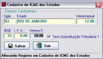 Como cadastrar o ICMS de um Estado?