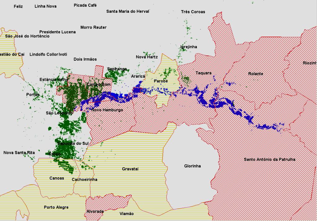 MAPA DOS MUNICÍPIOS AFETADOS POR INUNDAÇÃO NO VALE DO RIO DOS SINOS Amarelo - municípios afetados