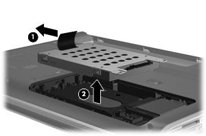 10. Puxe a patilha do disco rígido para a esquerda (1) e em seguida levante o disco rígido afastandoo do computador (2). Para instalar uma unidade de disco rígido: 1.