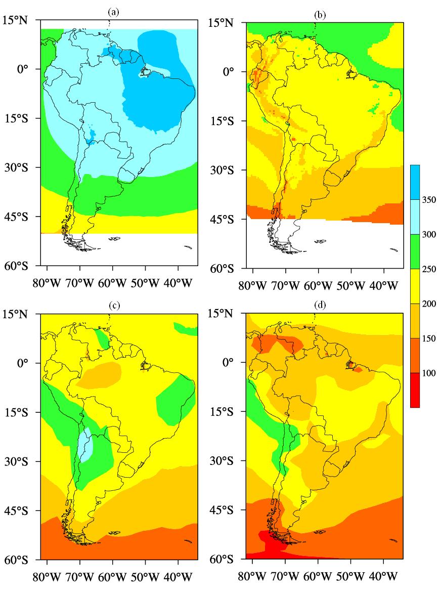 36 Figura 5: Media diária anual da Radiação Solar Incidente para a América do Sul em W/m 2. (a) Modelo Regional Eta/Centro de Previsão de Tempo e Estudos Climáticos (CPTEC)/INPE. (b) Algoritmo GL1.