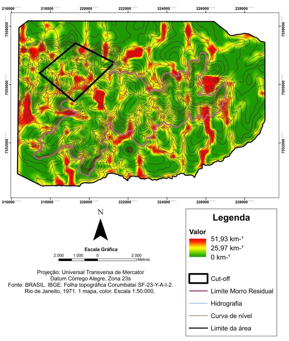 Figura 8. Carta de densidade de drenagem. Setor de possível formação de cut-off e ocorrência de morro residual.