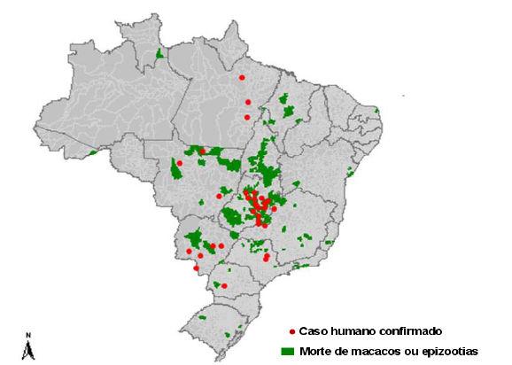 Figura 17. Distribuição de epizootias e casos humanos segundo município de ocorrência. Brasil, 2007-2008.