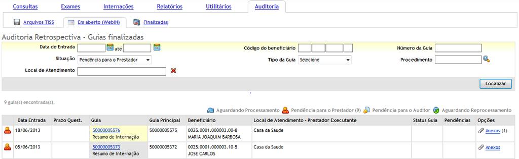 Diferentes situações da guia em processo de auditoria: O usuário