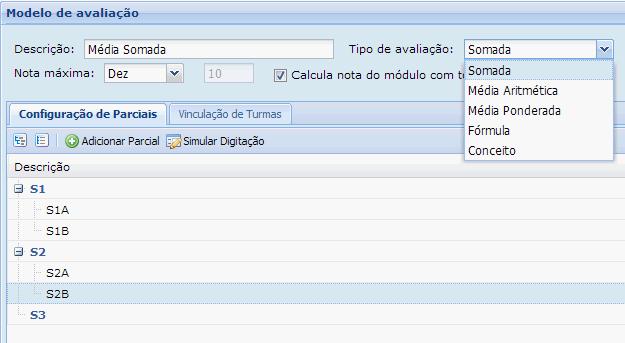 O professor poderá utilizar os modelos de avaliação Somada, Média Aritmética, Média Ponderada ou um modelo do tipo Fórmula, que deve ser configurado no módulo Configurações >> Fórmulas.