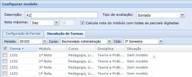 Filtros para validação das turmas vinculadas ao modelo: Turmas com modelos vinculados; Turmas com notas digitadas; Turmas com estrutura de