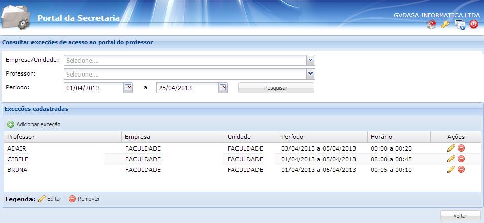 (GVCollege). Também deverá estar marcada a opção Usa controle de Acessos localizada nas configurações gerais do portal, na aba Portal do Professor.