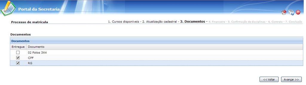 A aba Documentos só será apresentada se os requisitos abaixo estiverem atendidos e exibirá todos os documentos vinculados ao curso.