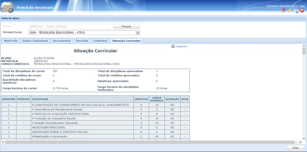 Na aba contratos, é possível visualizar o contrato gerado pelo GVCollege, se está ativo, aceito e a data do aceite.