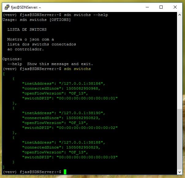 sdn switches, exibe uma lista com informações dos switchs da rede; sdn flow, dependendo do parâmetro usado pode exibir a lista de fluxos instalados no controlador, ou inserir um novo fluxo escrito no