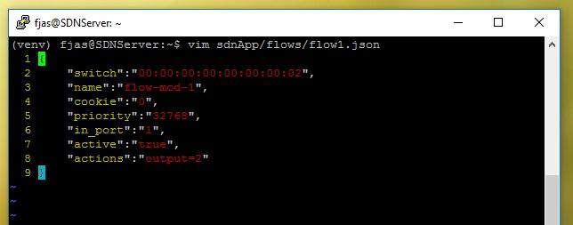 Figura 5 Arquivo com informações de um fluxo no formato JSON. Figura 6 Comando para inserir fluxo no controlador. O parâmetro -f indica a entrada de um arquivo de fluxo para ser adicionado.