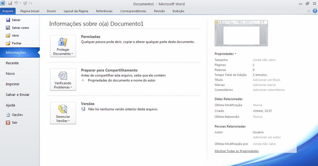 Word: Interface básica A guia Arquivo é uma espécie de Painel de Controle do Office.