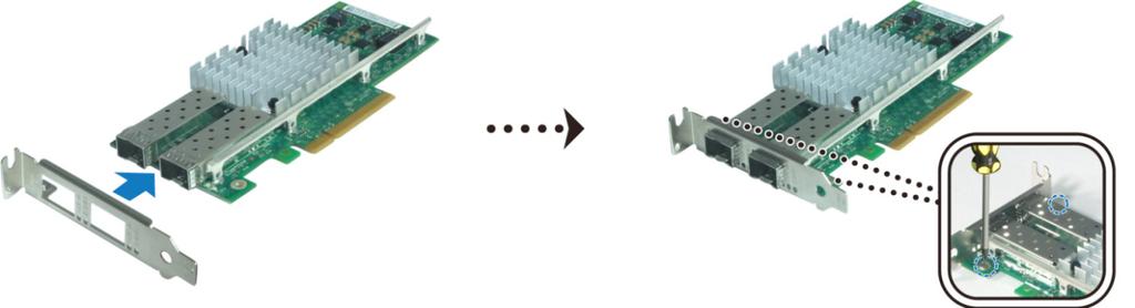Para substituir o suporte longo pelo curto: 1 Solte os 2 parafusos no suporte longo do cartão de interface de rede e remova o suporte.