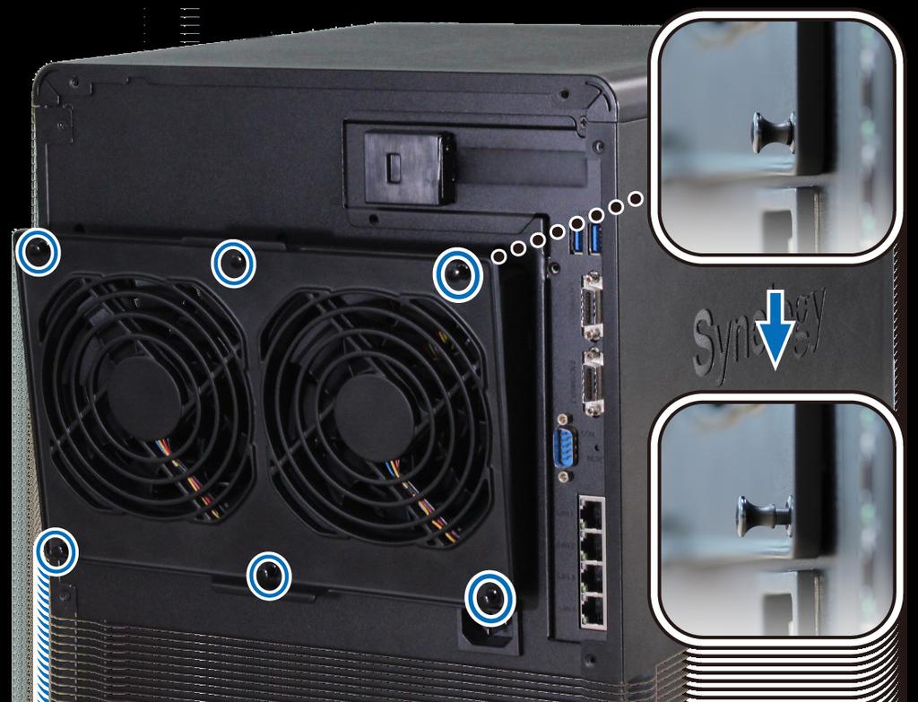 Substitua o ventilador do sistema O DiskStation emitirá bipes se algum ventilador do sistema não estiver funcionando.