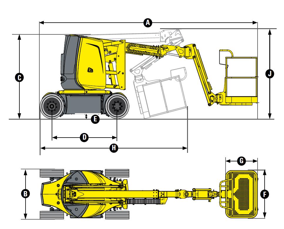 Platafrma Elevatória Elétrica Articulada: HA12 CJ Características Legenda HA12 CJ Capacidade de carga 250 kg Altura de trabalh Altura platafrma Alcance máxim