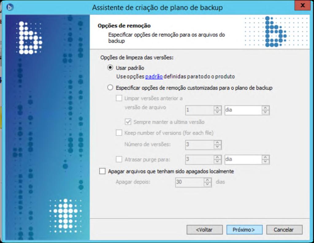 Opções de remoção É possível customizar o tempo de retenção dos