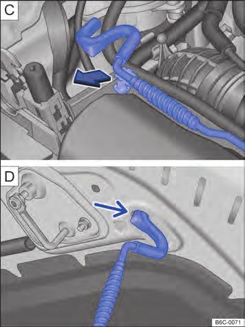 Fechar a tampa do compartimento do motor Levantar um pouco a tampa do compartimento do motor. Retirar a haste de sustentação do furo Fig. 147 