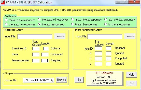 PARAM é de domínio público, ferramenta freeware de calibração de itens e indivíduos usando os modelos logísticos da teoria de resposta ao item de 1 e 3 parâmetros [PARAM 2012]. Figura 7.