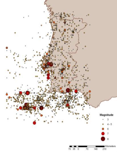 Pela análise da carta da sismicidade histórica (Figura 1) é bem visível a concentração de epicentros principalmente na região sul de Portugal (tanto em terra como no mar) que como se sabe já foi