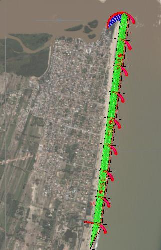 Transporte de sedimento longitudinal à praia, onde se observa a resultante em direção ao Sul.