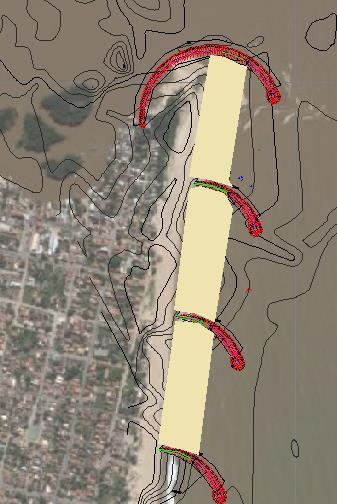 engenharia composto por 9 espigões curvos enraizados no litoral, com cerca de 240m de comprimento cada, e com 400m de distância entre eles.