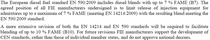 S10 (EN590) Recomenda a revisão das especificações do biodiesel (EN14214) e do
