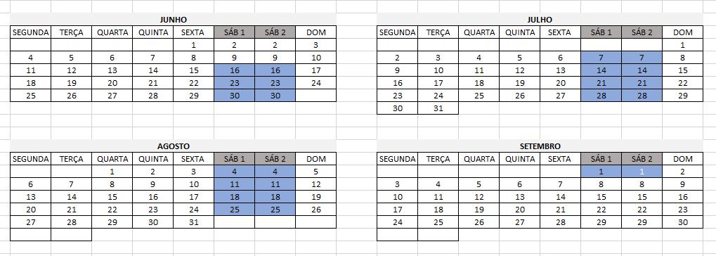 Calendário: De 16 de junho até 1 de setembro, todos os sábados, de 9h às 16h, com 1h de intervalo para almoço.