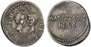 referência a ele, o título é sempre mencionado, como podemos notar na moeda da figura 9. Figura 6 Denário de 38 a.c., cunhado sob autoridade de Agripa, na Gália.