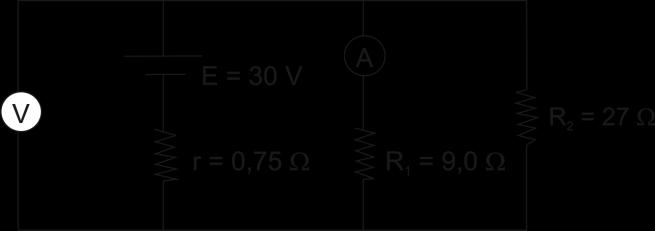40. Considere o circuito elétrico esquematizado abaixo constituído por um gerador (E, r), dois resistores (R1 e R2), um amperímetro ideal e um voltímetro ideal.