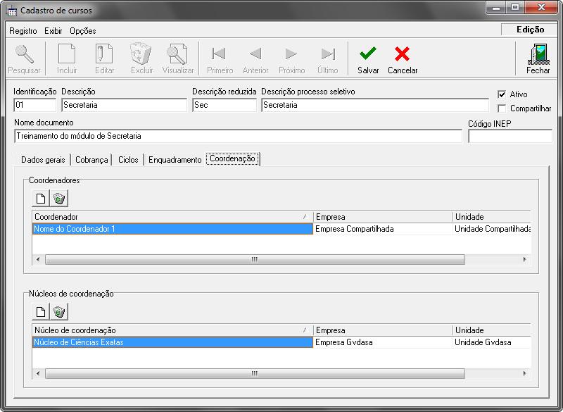 2 Coordenação Esta aba deve ser utilizada para informar o coordenador e o núcleo de coordenação que estão relacionados ao curso selecionado.