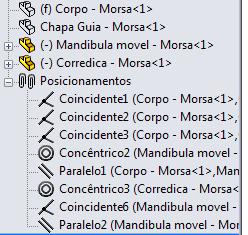 A mandíbula móvel e a corrediça também estão inseridos na montagem, mas estão visíveis; Todos os posicionamentos estão listados no Feature Manager. Inserir a montagem na vista isométrica.