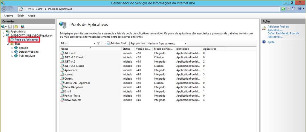 c) No Gerenciador do Serviço de Informações da Internet (IIS), deve ser criado um Pool de Aplicativos específico para a Ctb.Net e o LoginServic; este Pool deve ser AspNet v4.0 ou superior.