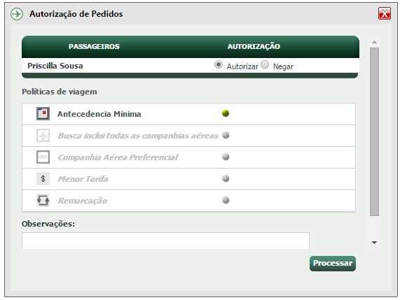 Será aberta uma janela com as opções Autorizar ou Negar, o(s) Passageiro(s) daquele Pedido e um campo para