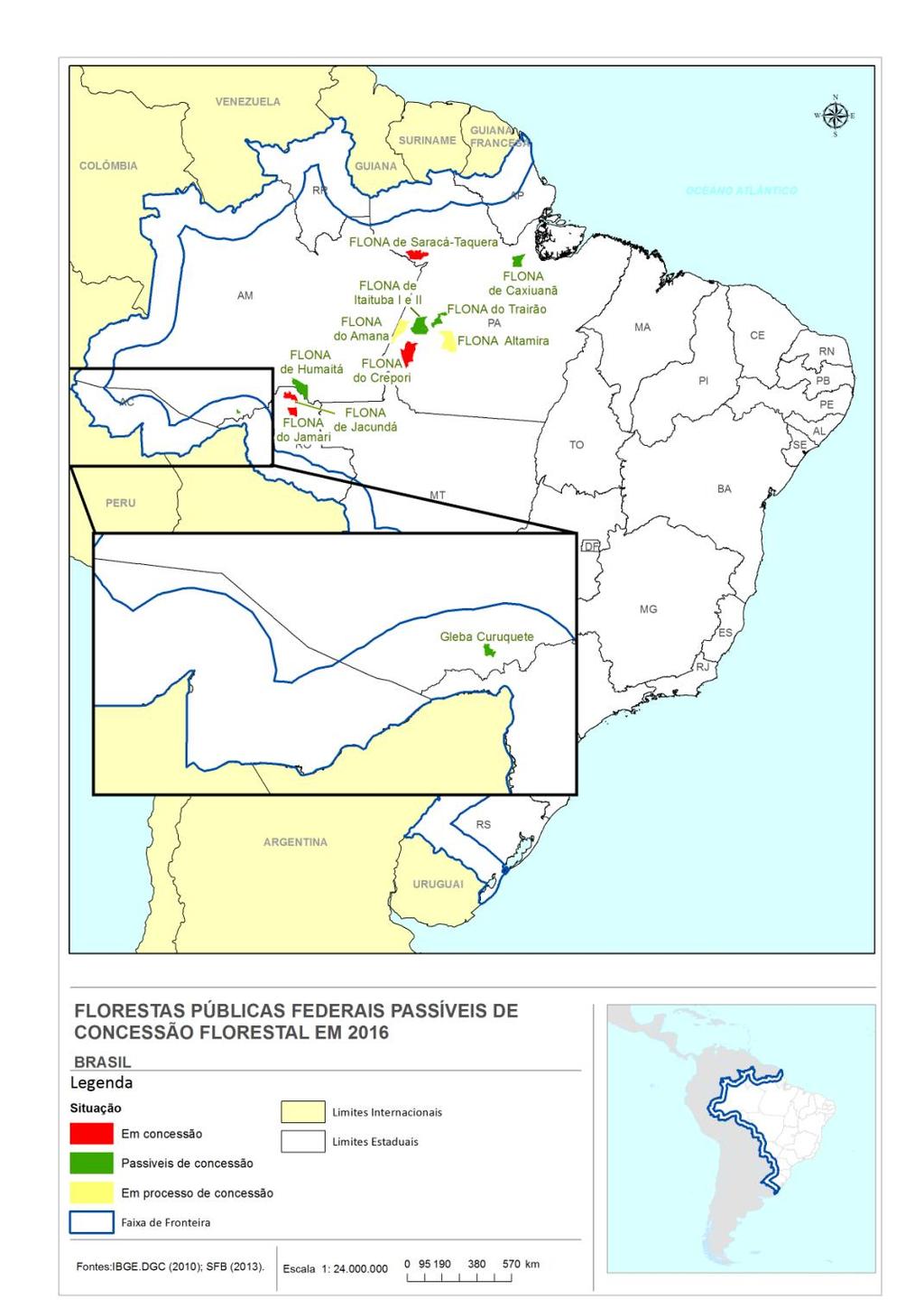 Na Figura 13, é possível visualizar a localização das florestas passíveis de concessão em 2016 e o detalhamento da área localizada em faixa de fronteira 3, como é o caso da área da gleba Curuquetê,