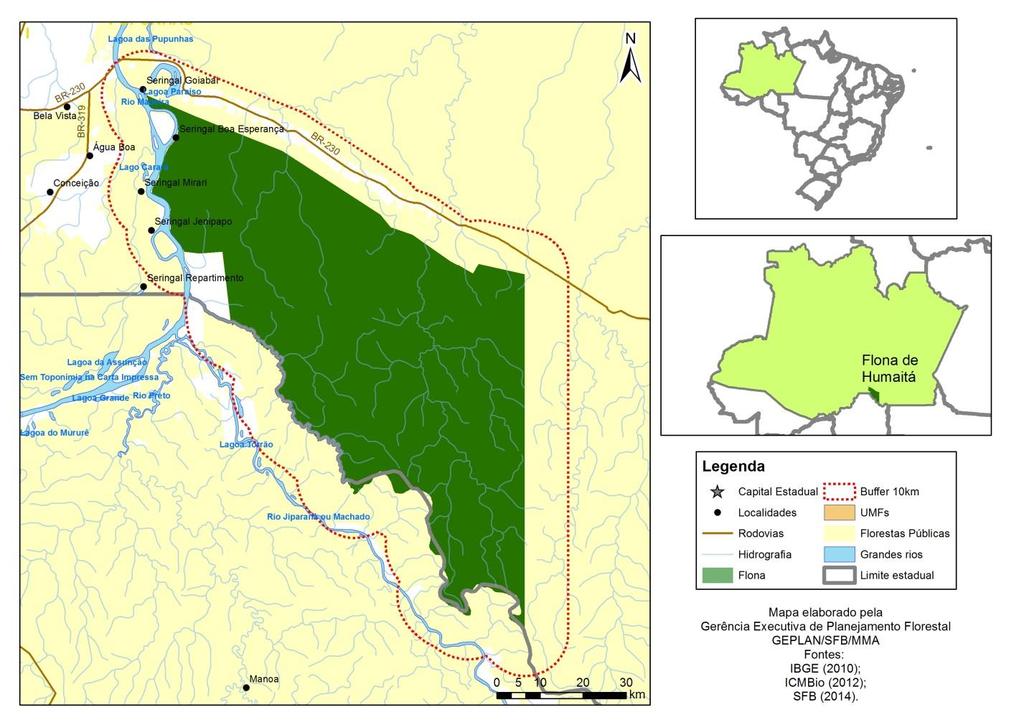 Floresta Nacional de Humaitá Amazonas AM Marcos Legais Decreto nº 2.485 de 02 de fevereiro de 1998 Conselho Consultivo: Portaria n o 134, de 16/06/2010 Plano de Manejo: Não Estimada (Decreto): 468.