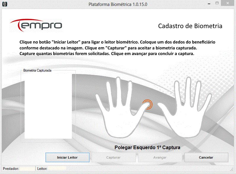 12 Para iniciar a captura da biometria clique em Iniciar Leitor, aguarde o leitor biométrico ligar, após coloque o primeiro dedo do beneficiário solicitado pelo aplicativo.