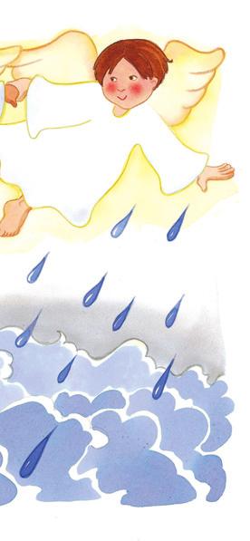 Apoi, a intrat în corabie şi Noe, împreună cu familia lui. Dumnezeu a închis uşa şi a încuiat-o. Şi a început să plouă. (Arătaţi picăturile de ploaie.) A plouat toată ziua, şi încă o zi, şi încă una.