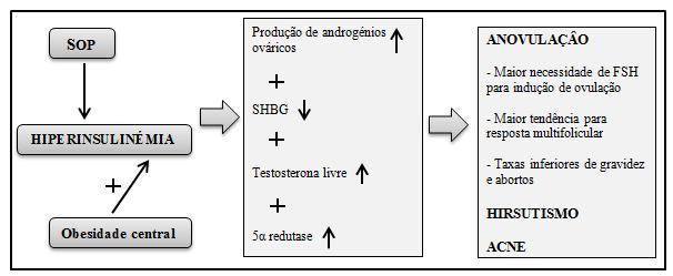 Figura 4. O papel da hiperinsulinémia na patogenia da anovulação e do hiperandrogenismo.