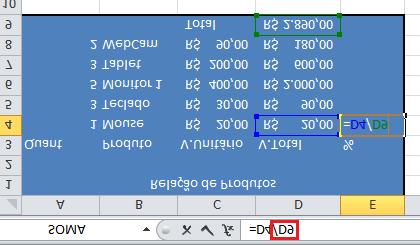 Porém se utilizarmos o conceito aprendido de copiar a célula E4 para resolver os demais cálculos na célula E5 à fórmula ficará =D5/D10, porém se observarmos o correto