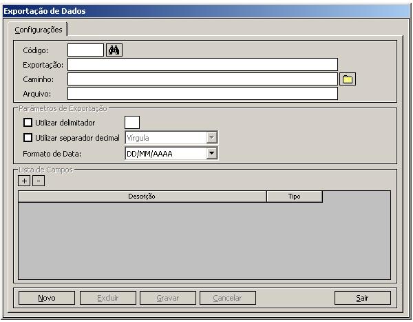 Observe os campos da aba Configurações: Código: apresenta o código da exportação criada. O sistema gera o código assim que é a exportação é gravada para registro.