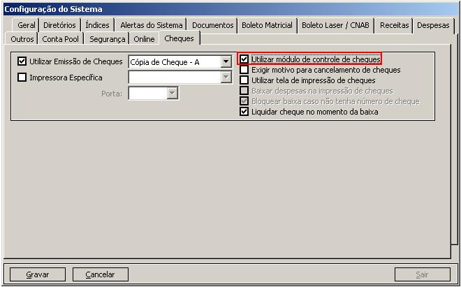 Campo a campo: Cópia de Cheque: opção para selecionar o modelo de cópia de cheque o Cópia de cheque A: modelo detalhado, semelhante ao formulário adquirido em papelarias.