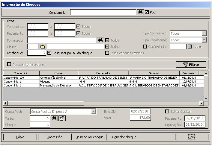 Realizar a baixa de conta a pagar pela tela correspondente: Baixa de Contas a Pagar Na baixa de lançamento de contas a pagar, também é possível vincular um cheque da conta pool ao lançamento.