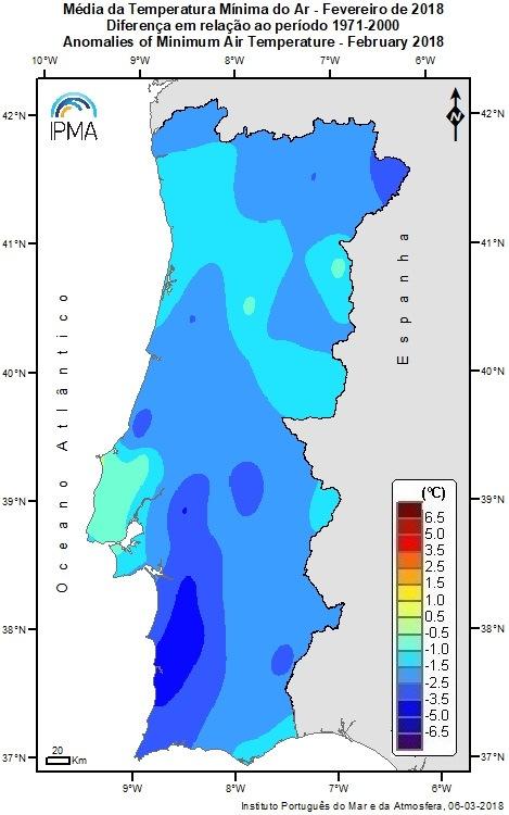 Os valores médios da temperatura média do ar foram inferiores ao normal em quase todo o território. A temperatura média variou entre 2.