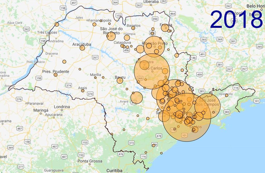 Distribuição dos projetos PIPE em SP, 2018 Em