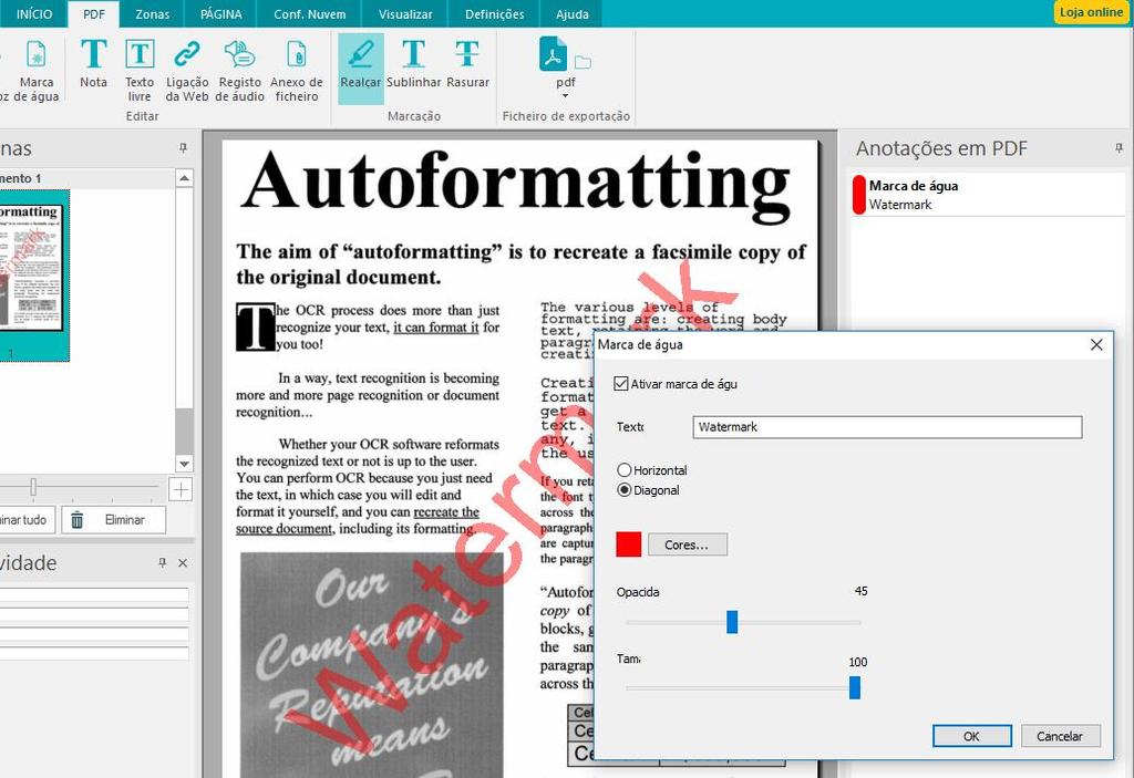 Readiris 17 - User Guide Marca de água A anotação de marca de água é um texto escrito na página de um documento. Para adicionar uma marca de água: No separador PDF: 1. Clique em Marca de água na Fita.