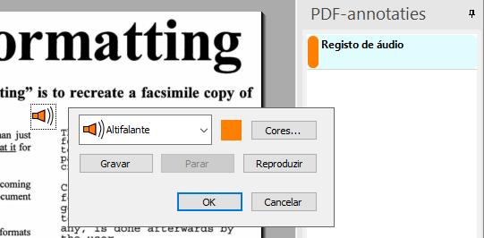 Secção 8: Adicionar anotações para exportação de PDF Registo de áudio Uma anotação em registo de áudio é um curto registo de som integrado no ficheiro.