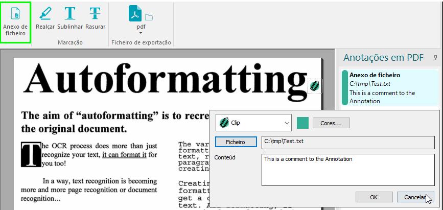 Secção 8: Adicionar anotações para exportação de PDF Anexo de ficheiro Uma anotação de anexo de ficheiro integra um ficheiro numa localização selecionada no documento, para que após a exportação como