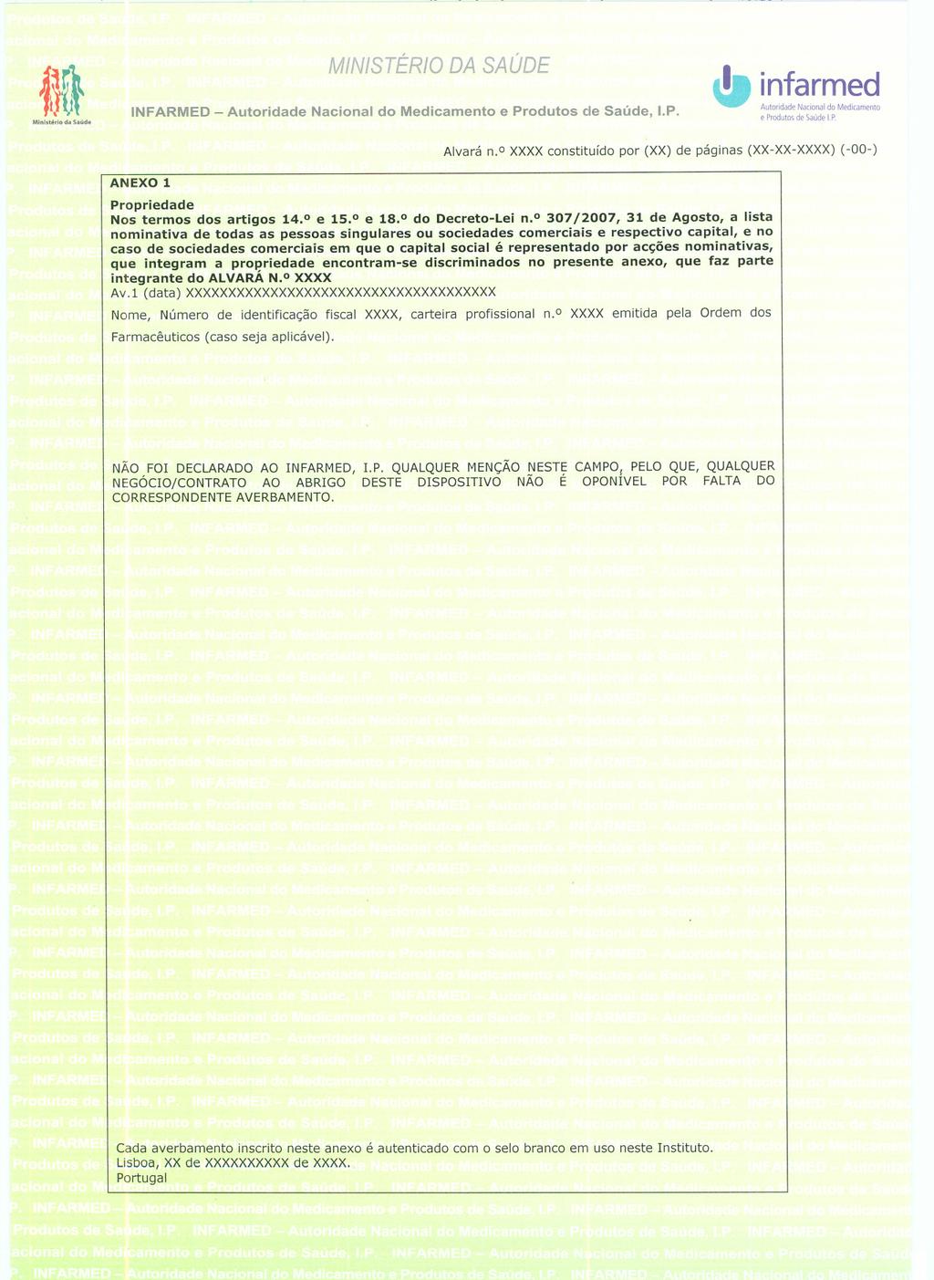 ~ \!I M;n;"',;o d.s..d. INFARMED - Autoridade Nacional do Medicamento e Produtos de Saúde, I.P.!U~!~i~a~~m~ e ProdutosdeSaúdeI.P. ANEXO 1 Alvará n.