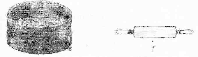 Fi. 4. Alte ustensile folosite in cofetărie: a tel: b croşete; c rulou relabil pentru tăiat coca; d cuţit de patiserie; e sită; f merdenea; barfeş. Cuţitul de patiserie (fi.